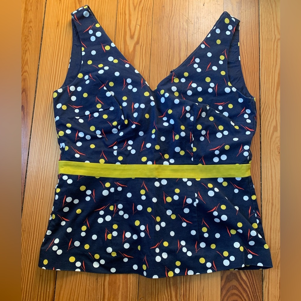 Boden Polka Dot Ribbon Band Waist Peplum Tank Blouse Women’s Size 6 Navy Blue